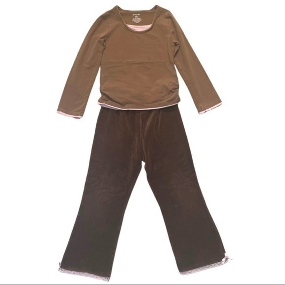 Greendog Long Sleeve Top and Velour Pants Set Size 6X brown pink velour